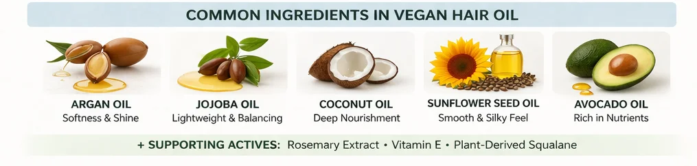 Illustration of common ingredients in vegan hair oil, including argan oil, jojoba oil, coconut oil, sunflower seed oil, and avocado oil, with descriptions highlighting their benefits.